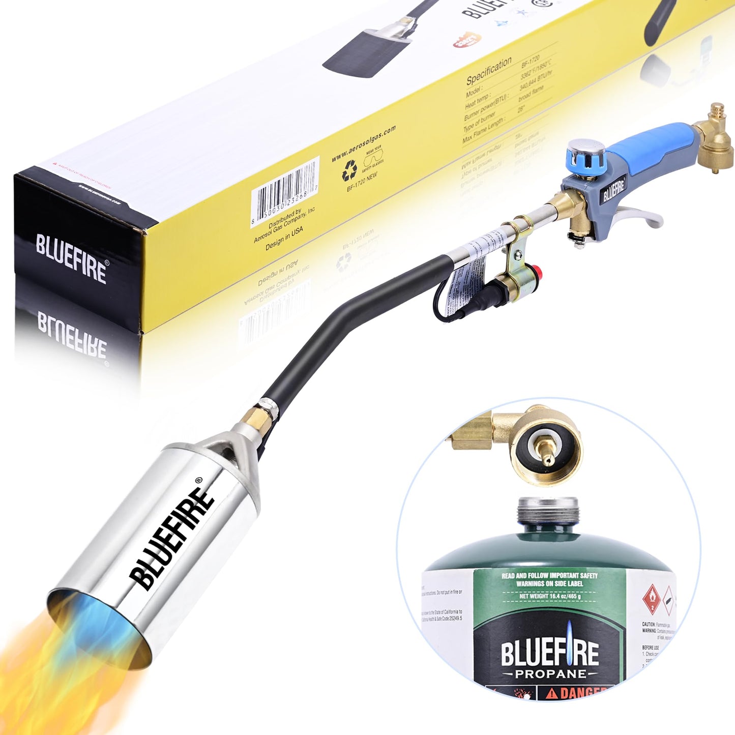 Bluefire Propane Torch Weed Burner Torch for Propane Tank 340000 BTU Heavy Duty Weed Torch with Self Ignition on 1lb Small Propane Tank Cordless for Roofing Flame Thrower Start Fire Ice Snow Melting