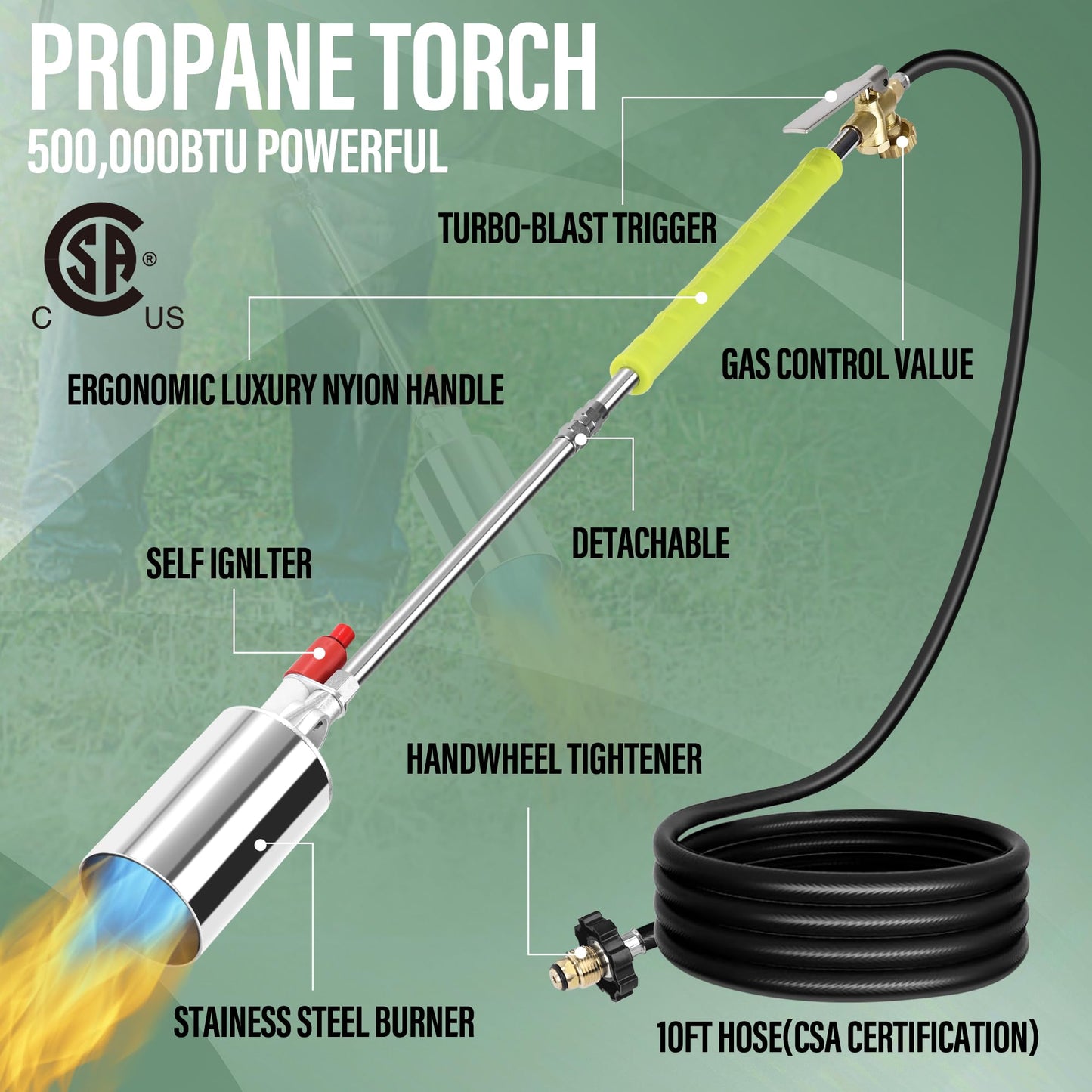 Propane Torch Weed Burner High Output 500,000 BTU Weed Burner Torch For Propane Tank with Self Igniter Blow Torch Turbo Trigger and 10FT Hose Flamethrower Weed Torch Propane Burner