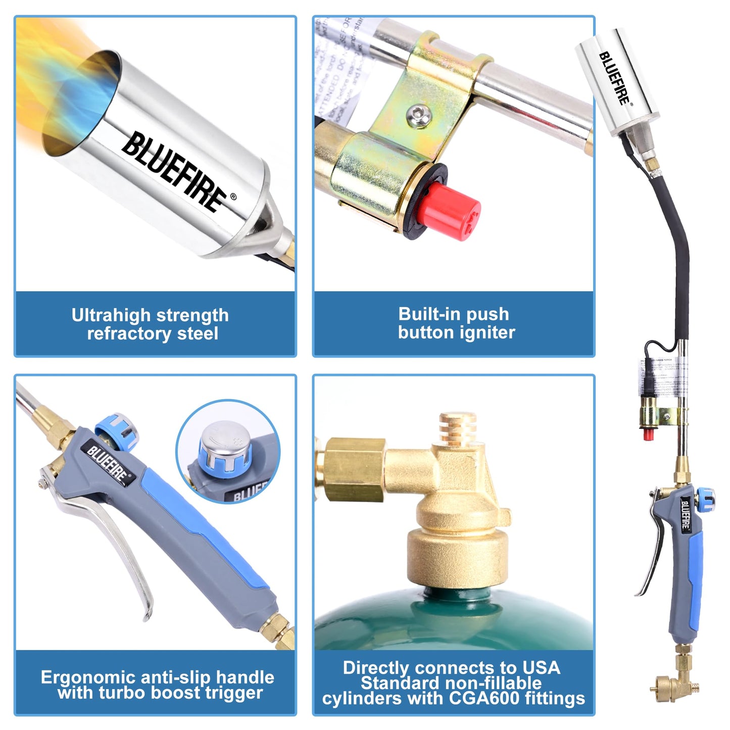 Bluefire Propane Torch Weed Burner Torch for Propane Tank 340000 BTU Heavy Duty Weed Torch with Self Ignition on 1lb Small Propane Tank Cordless for Roofing Flame Thrower Start Fire Ice Snow Melting